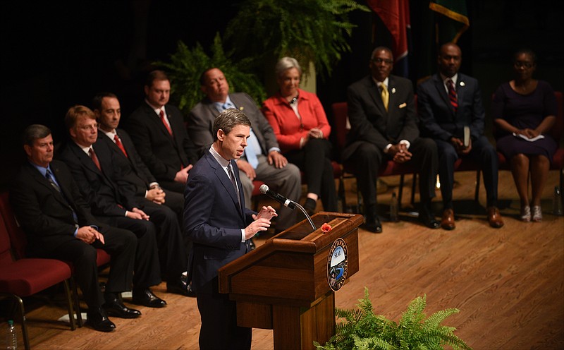 Mayor Andy Berke addresses the crowd Monday, April 17, 2017 after he and Chattanooga City Council members took the oath of office during a ceremony at the Tivoli.