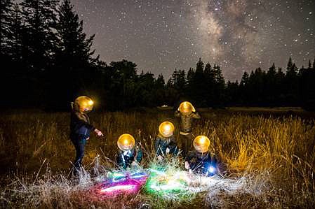 LED lights make the fish-bowl globes glow in STS9's spacemen shot. "What's so cool about this picture is that the Milky Way behind us is not photo-shopped," says David Phipps. "We had to stand completely still for four to five minutes while the shot was taken."