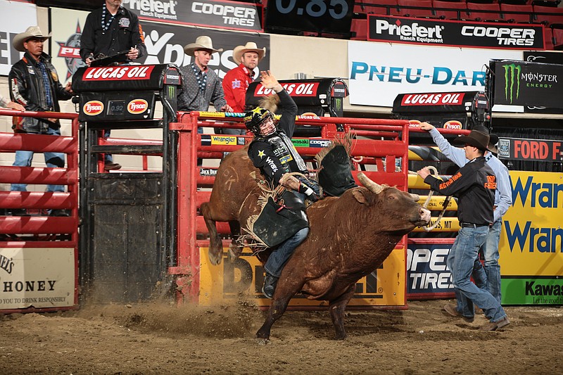 Sean Willingham rides Triplett Bucking Bulls's Off The Rez during the first round of the Billings Built Ford Tough series.