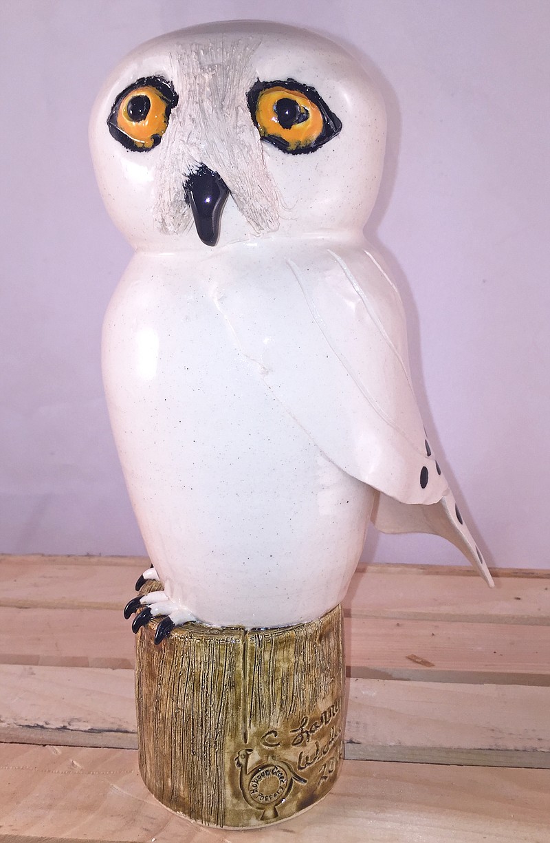Potter Larry Wilson's ceramic owl is among work by seven artists in the Folk Art Show in Calhoun, Ga.
