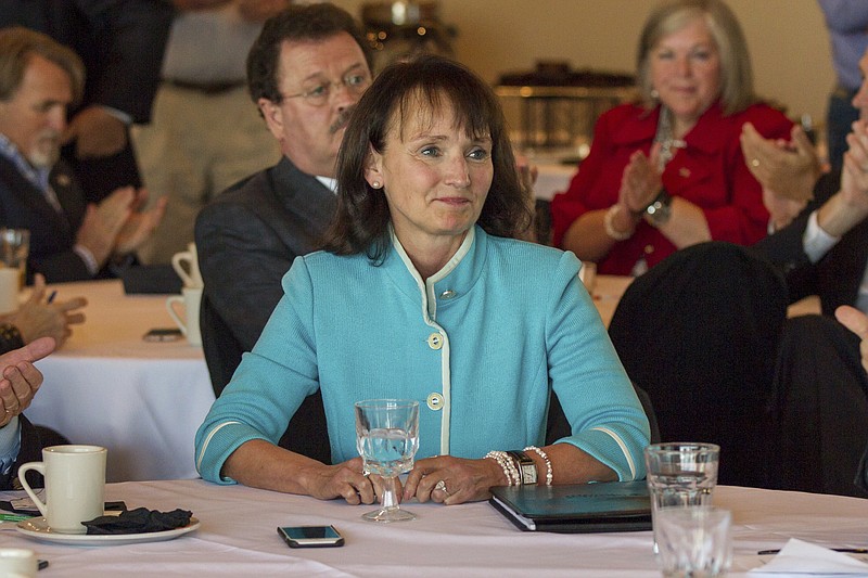 
              FILE - In this Nov. 17, 2016, file photo, House Speaker Beth Harwell, R-Nashville, responds to the announcement that she has won the Republican nomination to serve another two-year term as speaker. Harwell is considering a bid to succeed term-limited Republican Gov. Bill Haslam in 2018. (AP Photo/Erik Schelzig, File)
            