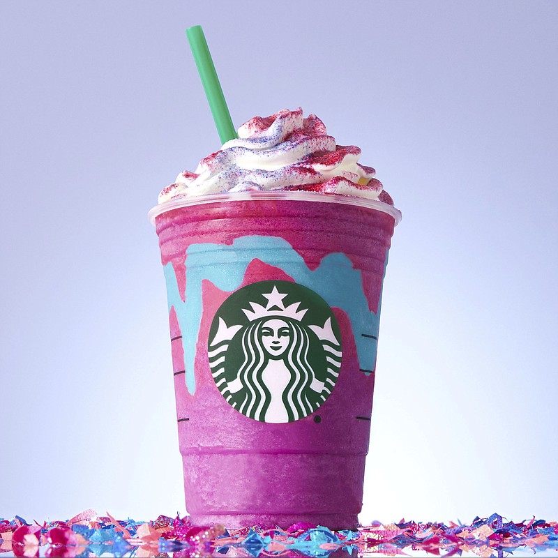 
              This photo provided by Starbucks shows the company's “Unicorn Frappuccino." Starbucks says its newest beverage not only changes colors with a stir of the straw, but flavors as well. The Seattle chain says its “Unicorn Frappuccino” starts as a purple drink with blue swirls that tastes sweet and fruity, before changing to pink with a tangy and tart taste with a stir of the straw. The company says the drink is available for a limited time while supplies last, from April 19 to April 23, 2017, in the United States, Canada and Mexico. (Starbucks via AP)
            
