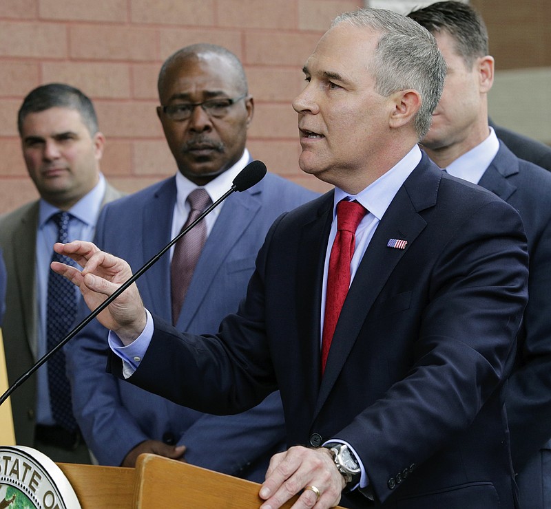 
              Environmental Protection Agency Administrator Scott Pruitt speaks at a news conference Wednesday, April 19, 2017, in East Chicago, Ind., following a tour of a public-housing complex where roughly 1,000 people were ordered evacuated because of lead contamination. (AP Photo/Teresa Crawford)
            