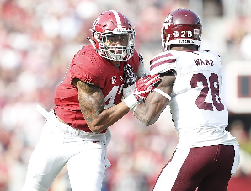 Alabama outside linebacker Christian Miller, left, played in all 15 games last season, collecting 16 tackles and 2.5 tackles for loss.