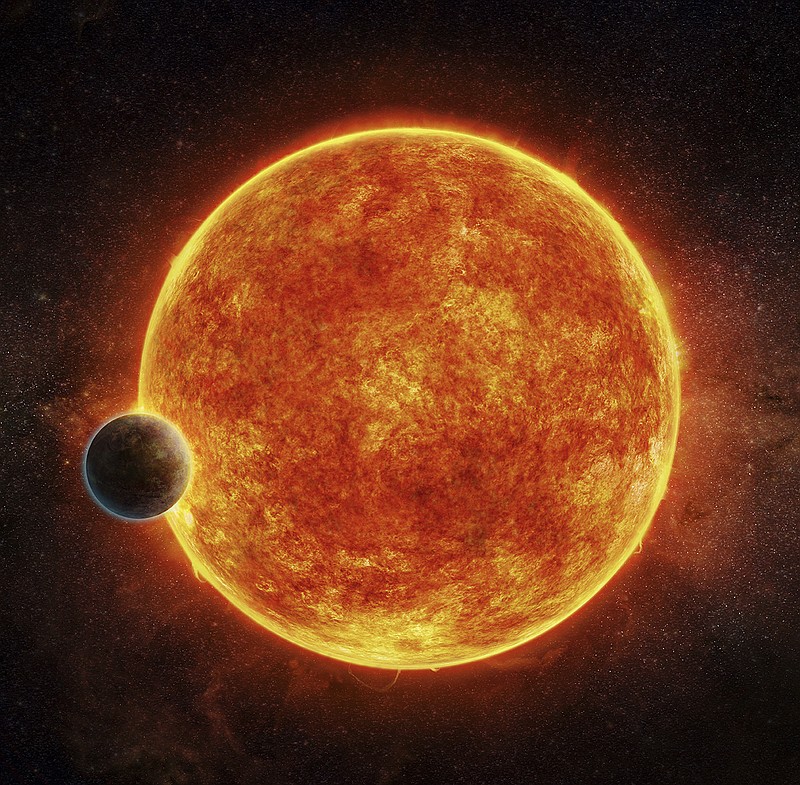 
              In this artist tendering provided by M. Weiss Harvard-Smithsonian Center for Astrophysics, a newly-discovered rocky exoplanet, LHS 1140b. This planet is located in the liquid water habitable zone surrounding its host star, a small, faint red star named LHS 1140. The planet weighs about 6.6 times the mass of Earth and is shown passing in front of LHS 1140. Depicted in blue is the atmosphere the planet may have retained. (M. Weiss Harvard-Smithsonian Center for Astrophysics via AP)
            