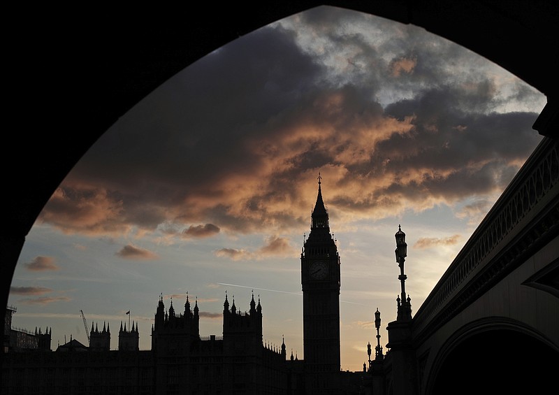 
              A silhouette of the Houses of Parliament and Elizabeth Tower containing Big Ben, centre, at dusk, in Westminster, London, Tuesday April 18, 2017. Britain's Prime Minister, Theresa May, announced Tuesday a snap general election to be held on June 8. (Yui Mok/PA via AP)
            