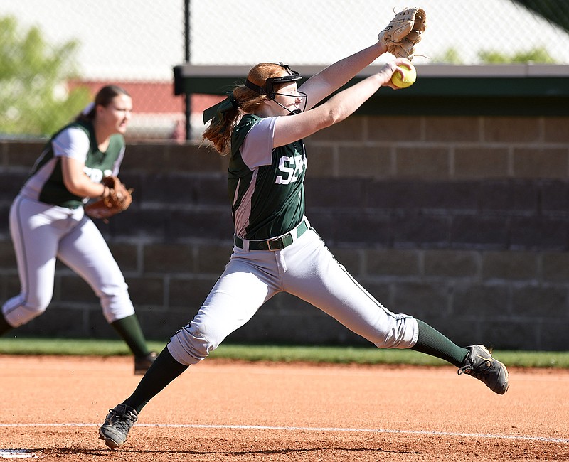 Silverdale pitcher Shelby Duggard (6) winds up for the pitch.  The Chattanooga School of the Arts and Sciences Lady Patriots visited the Silverdale Baptist Academy Lady Seahawks in the TSSAA District 5-A softball championship on May 13, 2016.