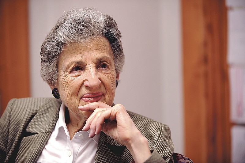 
              In this undated photo Ruth Sulzberger Holmberg talks about her and her family's experiences with the Neediest Cases Fund in Chattanooga, Tenn. Holmberg, longtime publisher of The Chattanooga Times and a member of the family that controls The New York Times, died Wednesday, April 19, 2017, at her home in that Tennessee city. She was 96. (Allison Kwesell/Chattanooga Times Free Press via AP)
            