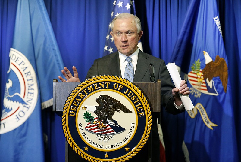 
              Attorney General Sessions speaks after he and Homeland Security Secretary John Kelly toured the ports of entry and met with Department of Justice and DHS personnel in El Paso, Texas, Thursday, April 20, 2017. (Ruben R. Ramirez/The El Paso Times via AP)
            
