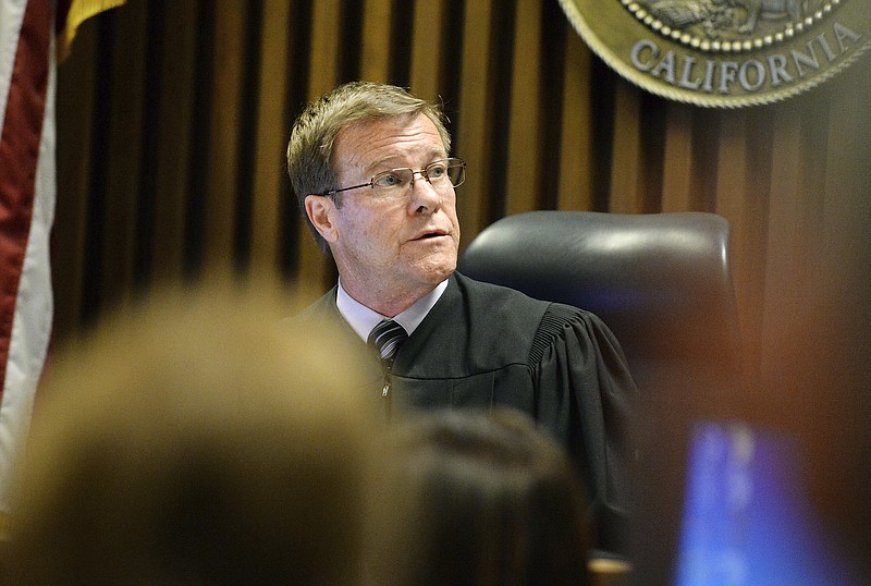 Fresno County Superior Court judge W. Kent Hamlin presides over the courtroom during an appearance by shooting-spree suspect Kori Ali Muhammad, on Friday, April 21, 2017. (Craig Kohlruss /The Fresno Bee via AP)
