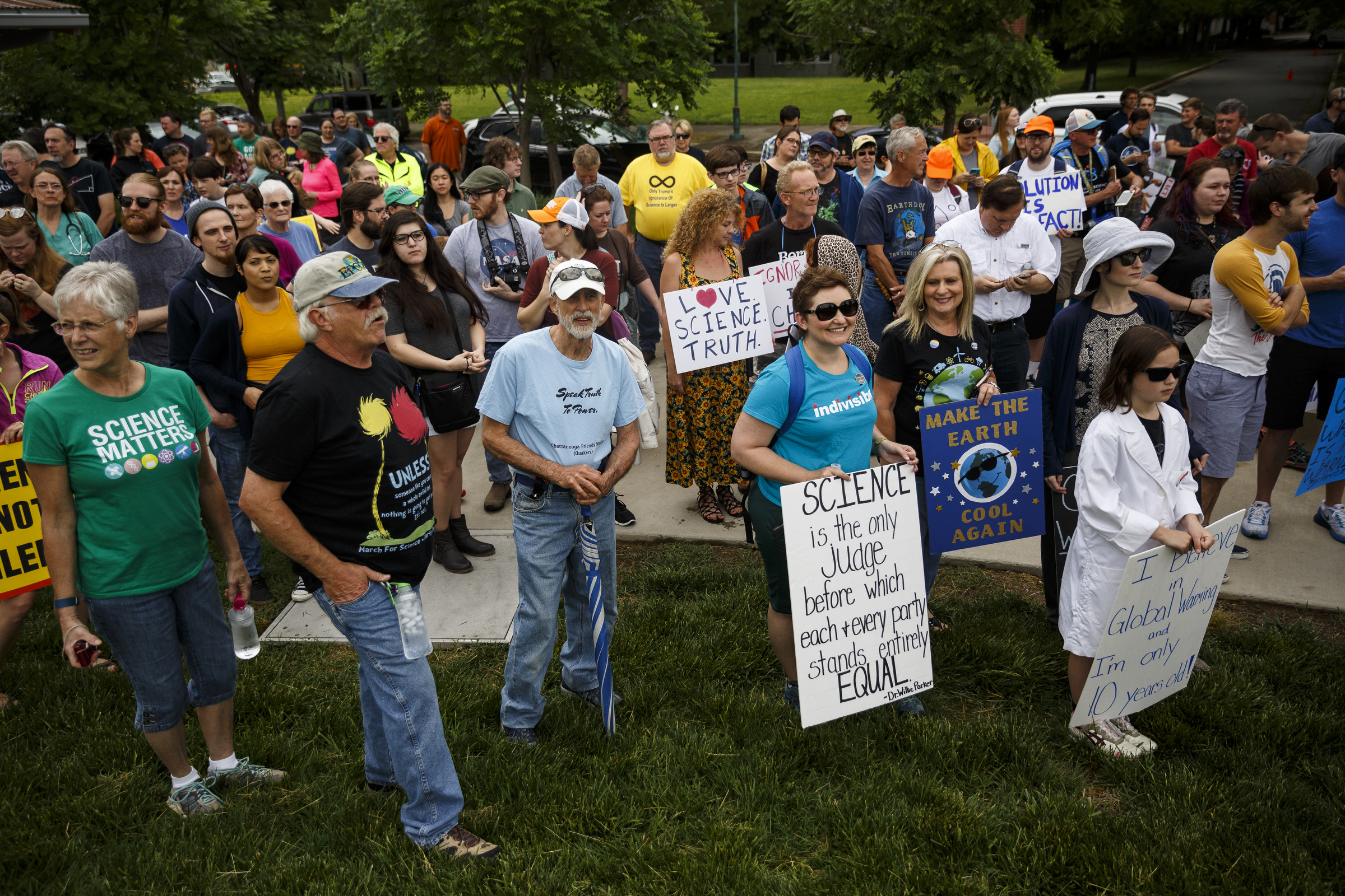 Demonstrators gather in the Main Terrain Art Park during the March for Science on Saturday, April 22, 2017, in Chattanooga, Tenn. About a thousand demonstrators marched from the Main Terrain Art Park to Riverfront Parkway and back in support of science and education in solidarity with other marches nationwide.