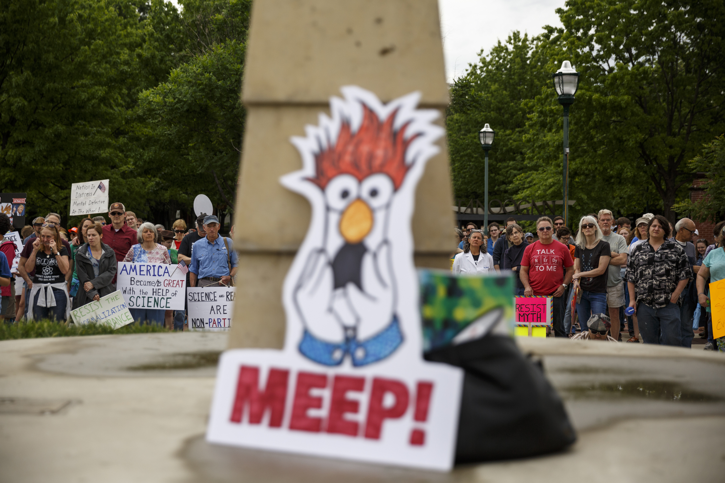 Demonstrators gather in the Main Terrain Art Park during the March for Science on Saturday, April 22, 2017, in Chattanooga, Tenn. About a thousand demonstrators marched from the Main Terrain Art Park to Riverfront Parkway and back in support of science and education in solidarity with other marches nationwide.