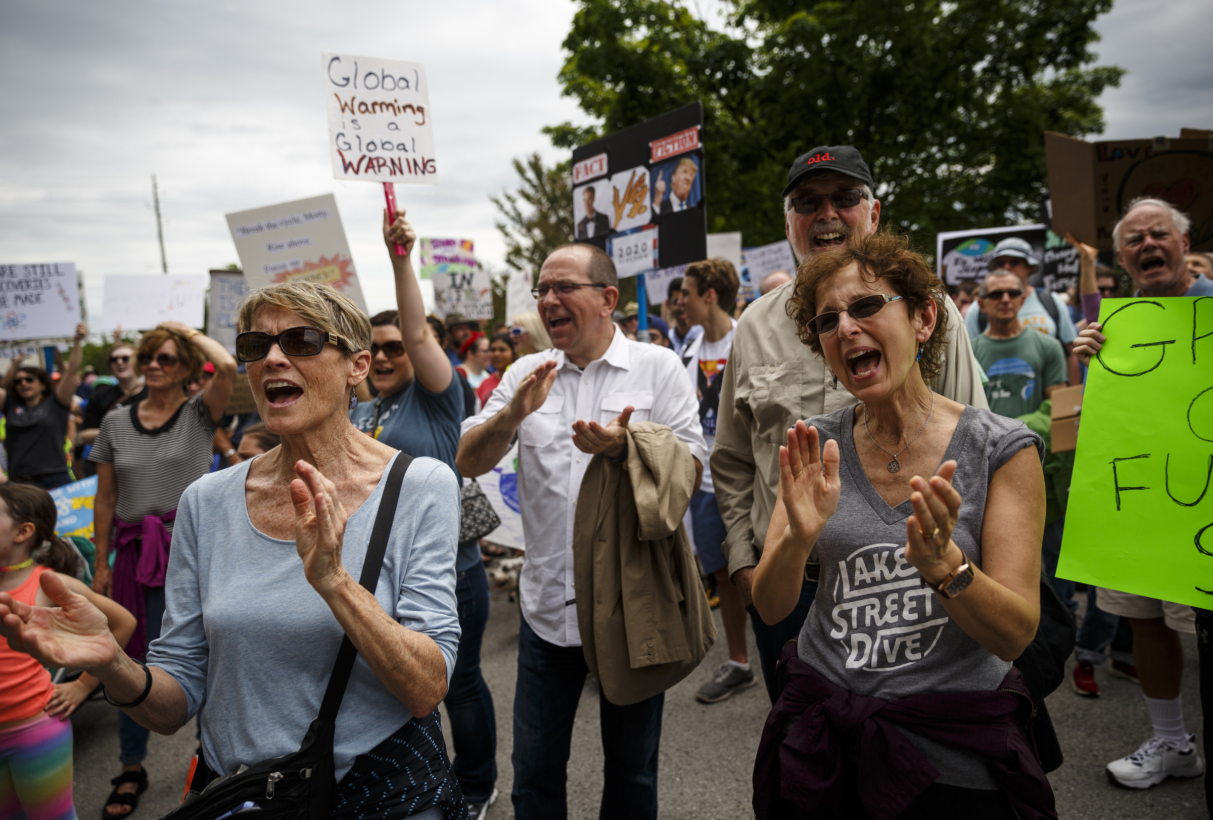 Demonstrators shout outside of the TDEC offices during the March for Science on Saturday, April 22, 2017, in Chattanooga, Tenn. About a thousand demonstrators marched from the Main Terrain Art Park to Riverfront Parkway and back in support of science and education in solidarity with other marches nationwide.