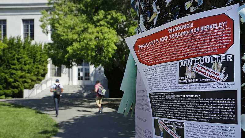 
              FILE - In this Friday, April 21, 2017, file photo, a leaflet is seen stapled to a message board near Sproul Hall on the University of California at Berkeley in Berkeley, Calif. Berkeley students who invited Ann Coulter to speak on campus filed a lawsuit Monday April 24, 2017, against the university, saying it is discriminating against conservative speakers and violating students’ rights to free speech. Campus Republicans invited Coulter to speak at Berkeley on April 27, but Berkeley officials informed the group that the event was being called off for security concerns. (AP Photo/Ben Margot, File)
            