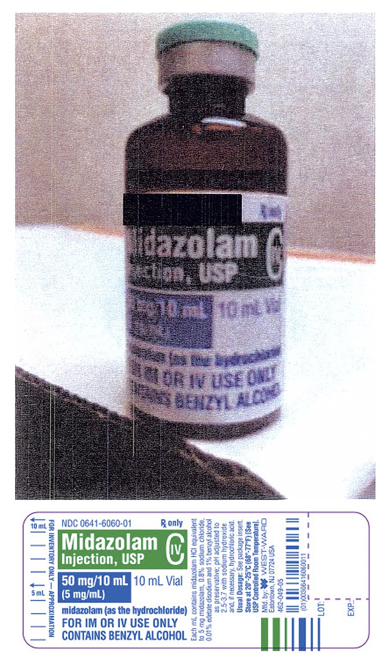 
              FILE - This combination of file photos shows one of the three drugs that the Arkansas Department of Correction (ADC) purchased to perform several executions. The top photo, provided by the ADC, shows a bottle of Midazolam, with the manufacturer's information blacked out by the ADC. The bottom photo, provided by the U.S. Food and Drug Administration, shows the label for Midazolam. London-based Hikma Pharmaceuticals, whose American subsidiary West-Ward Pharmaceuticals makes the drug, has said that it does not want its drugs to be used for executions. (Arkansas Department of Correction/FDA via AP)
            