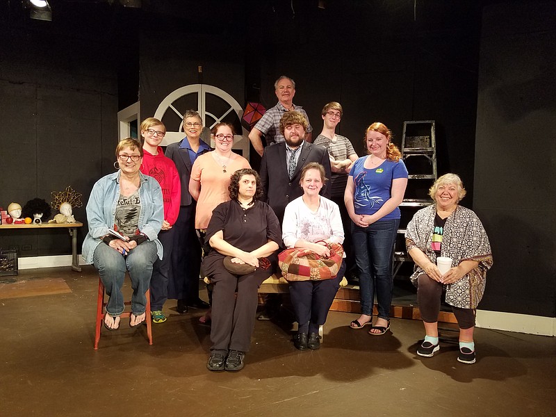 Preparing for the opening of "An Audition for a Murder" are, bottom row, from left, Patti Gross, Katherine Kropp, Kitty Reel and Denise Frye. Standing, second row, from left, are Mason Carter, Kendra Gross, Joey Winslett and Megan Clark. At rear are Christine Keefe, Justin Bolinger and James Bath.