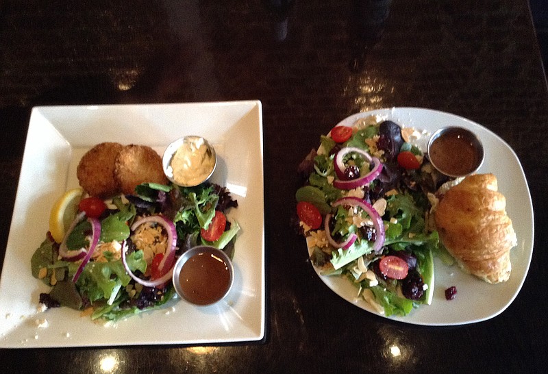 Station House of LaFayette's Crab Cakes special, left, and French Chicken Salad Croissant. (Chris Zelk)