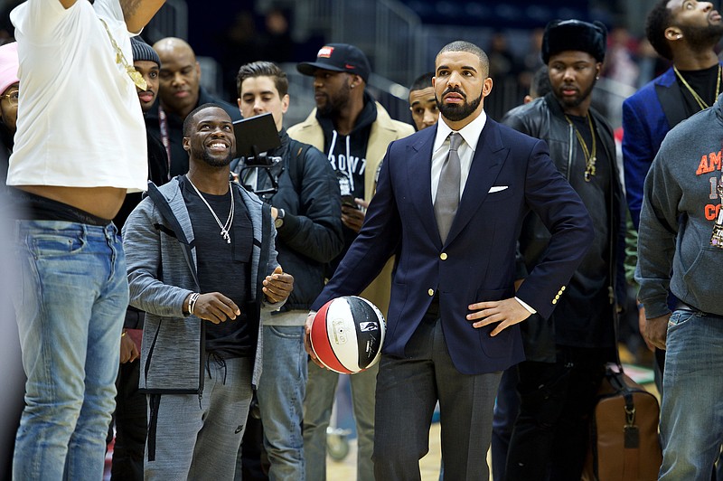 
              FILE - In this  Feb. 12, 2016, file photo, Kevin Hart, left, and Drake coach at the NBA All-Star Celebrity Game at Ricoh Coliseum in Toronto. The league announced on April 25, 2017, that Drake will host its first NBA Awards on June 26. (Photo by Ryan Emberley/Invision/AP, File)
            