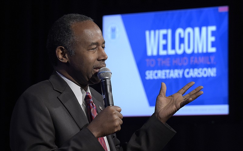 
              FILE - In this March 6, 2017 file photo, Housing a Urban Development (HUD) Secretary Ben Carson speaks to HUD employees in Washington. Columbus, Ohio, is the fourth stop on Carson’s national listening tour. President Donald Trump’s housing secretary has been traveling the country gathering input from agency field staff, local leaders and residents of public housing developments. (AP Photo/Susan Walsh, File)
            