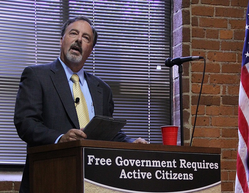 Tennessee state Sen. Mike Bell, R-Riceville, addresses the Pachyderm Club of Hamilton County meeting on Monday, August 4, 2014, in Chattanooga.