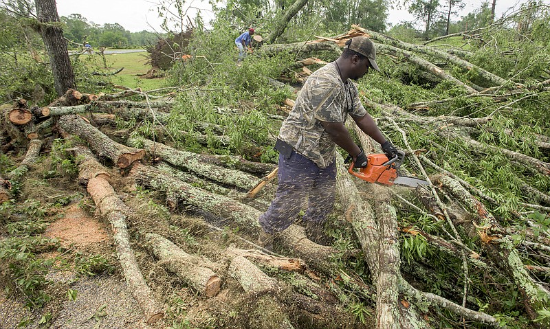 
              Workers clear scores of trees blown down on Stowers Road in Montgomery County, Ala., following morning storms on Thursday, April 27, 2017. (Mickey Welsh/The Montgomery Advertiser via AP)
            