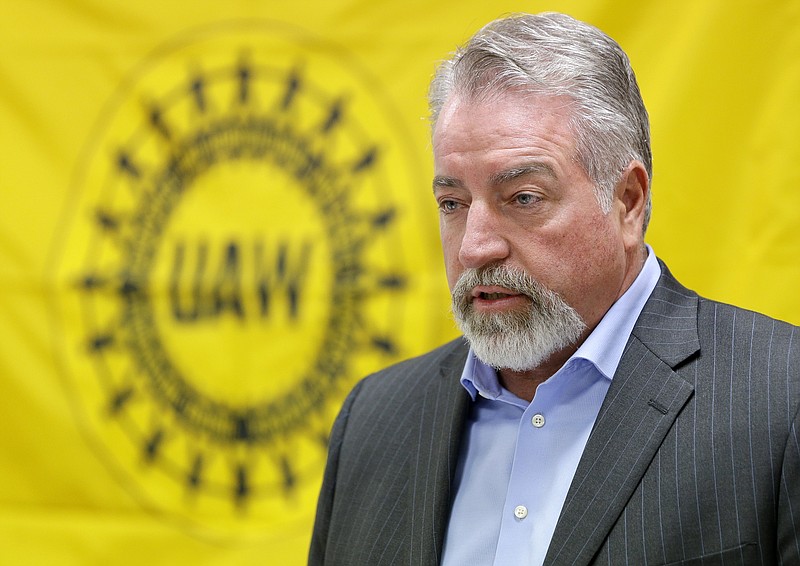 Gary Casteel, secretary-treasurer of the United Auto Workers, speaks during a news conference Thursday, Nov. 19, 2015, in Spring Hill, Tenn. The United Auto Workers and German trade union IG Metall will open a joint office to promote unionization among manufacturers and suppliers in the South. (AP Photo/Mark Humphrey)