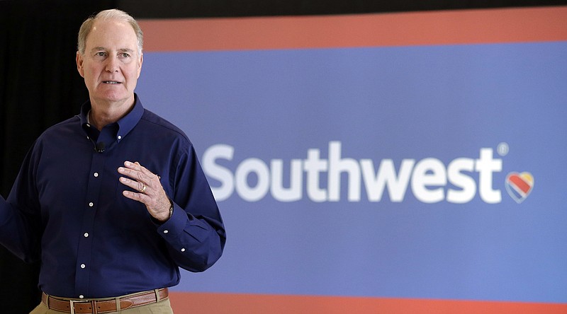 
              FILE - In this Thursday, Oct. 8, 2015, file photo, Southwest Airlines CEO Gary Kelly speaks during a preview of the new international concourse at Houston Hobby Airport in Houston. Southwest Airlines says it plans to stop overbooking flights, an industry practice implicated in an ugly incident on a United Express flight that has damaged United's reputation with the flying public. In 2016, Southwest bumped 15,000 passengers off flights, more than any other U.S. airline. (AP Photo/Pat Sullivan, File)
            