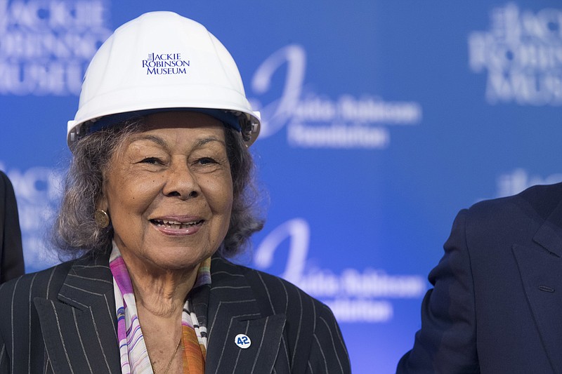 
              Rachel Robinson, widow of Jackie Robinson, smiles during a ceremonial ground breaking for the Jackie Robinson Museum, Thursday, April 27, 2017, in New York. (AP Photo/Mary Altaffer)
            