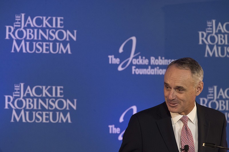 
              Major League Baseball Commissioner Robert D. Manfred, Jr. speaks during a ceremonial ground breaking for the Jackie Robinson Museum, Thursday, April 27, 2017, in New York. (AP Photo/Mary Altaffer)
            