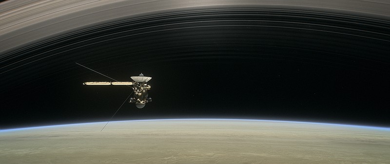 
              This image made available by NASA in April 2017 shows a still from the short film "Cassini's Grand Finale," with the spacecraft diving between Saturn and the planet's innermost ring. Launched in 1997, Cassini reached Saturn in 2004 and has been exploring it from orbit ever since. Cassini’s fuel tank is almost empty, so NASA has opted for a risky, but science-rich grand finale. (NASA/JPL-Caltech via AP)
            