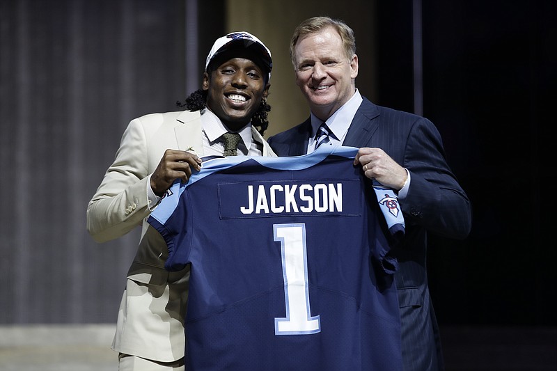 Southern California's Adoree' Jackson, left, poses with NFL commissioner Roger Goodell after being selected by the Tennessee Titans during the first round of the 2017 NFL football draft, Thursday, April 27, 2017, in Philadelphia. (AP Photo/Matt Rourke)