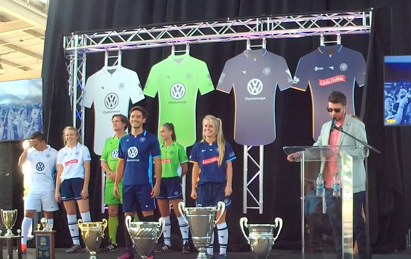 Chattanooga Football Club players and members model the soccer team's uniforms at the 2017 Jersey Reveal Party today at First Tennessee Pavilion. (Facebook screenshot)