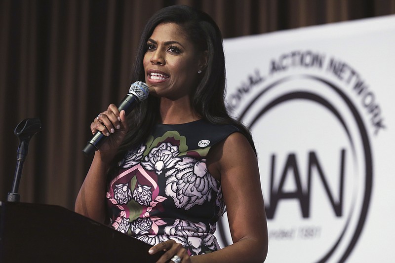 
              Omarosa Manigault, political aide and communications director for the Office of Public Liaison at the White House under President Donald Trump's administration, speaks at the Women's Power Luncheon of the 2017 National Action Network convention, in New York, Thursday, April 27, 2017. Manigault was a contestant on Trump's reality competition series, "The Apprentice." (AP Photo/Richard Drew)
            