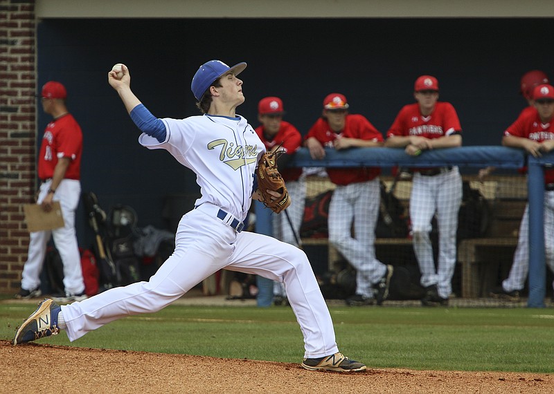 Staff Photo by Dan Henry / The Chattanooga Times Free Press- 4/28/17. Ringgold's Nathan Camp (2) pitches as the Tigers play Jackson's  Panthers on April 28, 2017. 