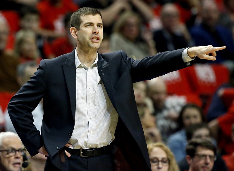 
              Boston Celtics coach Brad Stevens points up court during the first half in Game 6 of the team's NBA basketball first-round playoff series against the Chicago Bulls, Friday, April. 28, 2017, in Chicago. (AP Photo/Nam Y. Huh)
            