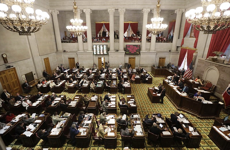 
              FILE - In this April 18, 2017, file photo, debate on Gov. Bill Haslam's road and bridge funding bill takes place in the House of in Nashville, Tenn. The bill ultimately passed and Haslam signed it into law on April 26, 2017. (AP Photo/Mark Humphrey, File)
            