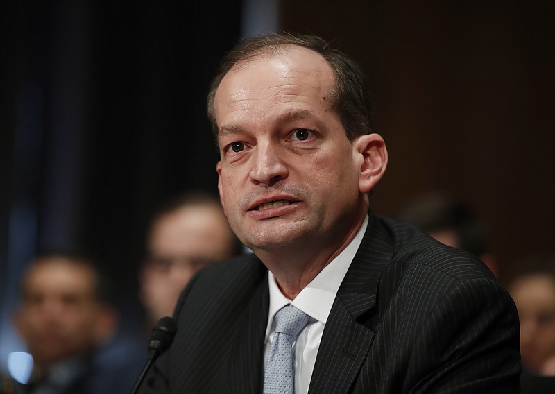 
              FILE - In this March 22, 2017 file photo, Labor secretary-designate Alexander Acosta testifies on Capitol Hill in Washington. The Senate is poised to confirm Acosta as President Donald Trump’s secretary of labor. The vote expected Thursday, April 27, 2017, would make Acosta the only Hispanic in the Cabinet and complete Trump’s Cabinet as he approaches the 100-day mark of his presidency. (AP Photo/Manuel Balce Ceneta, File)
            