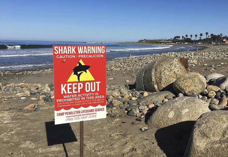 
              In this Sunday, April 30, 2017 photo, a sign warns beach goers at San Onofre State Beach after a woman was attacked by a shark in the area Saturday, along the Camp Pendleton Marine base in San Diego County, Calif. The beach remained closed Sunday. (Laylan Connelly/The Orange County Register via AP)
            
