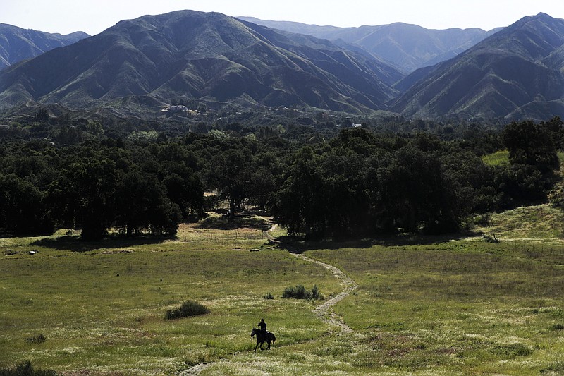 
              In this Wednesday, April 19, 2017 photo, Iraq war veteran Colt Romberger rides his horse, Gus, across a meadow in Santa Clarita, Calif. Romberger is training his horse for a ride from the Pacific Ocean to the Vietnam War Memorial in Washington in hopes to raise money for veterans causes and tell the public about the devastating effects Agent Orange has had on the bodies of now-aging veterans of the Vietnam War. His father, a Vietnam War veteran, died of a brain disease associated with Agent Orange. (AP Photo/Jae C. Hong)
            