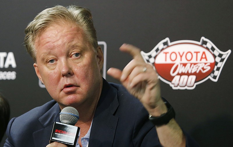 
              CEO and Chairman of NASCAR, Brian France, speaks to the media during a news conference prior to the NASCAR Cup Series auto race at Richmond International Raceway in Richmond, Va., Sunday, April 30, 2017. (AP Photo/Steve Helber)
            