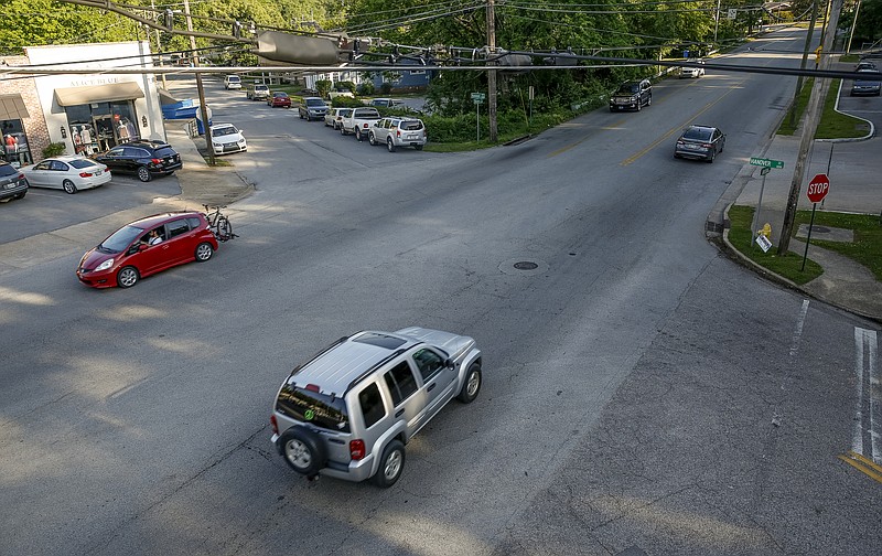 Hixson Pike is seen from the balcony of the Las Margaritas restaurant. The city is considering changes to the lane patterns of the road through the nearby intersections.