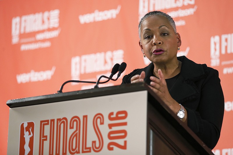 
              FILE - In this Sunday, Oct. 9, 2016, file photo, WNBA President Lisa Borders talks during a press conference prior to Game 1 of the WNBA basketball finals with the Minnesota Lynx against the Los Angeles Sparks in Minneapolis. The WNBA will stream 20 games a year over the next few seasons on Twitter in a deal announced Monday, May 1, 2017. "We are thrilled to bring live WNBA games to Twitter, which will allow us to further showcase our league to a global audience," Borders said. (AP Photo/Stacy Bengs, File)
            