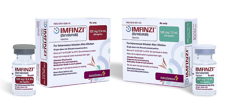 
              This image provided by AstraZeneca shows the company's drug Imfinzi, known chemically as durvalumab. On Monday, May 1, 2017, the Food and Drug Administration approved Imfinzi, part of the new generation of immuno-oncology drugs, which help the immune system to fight off cancer. The FDA also approved  a companion diagnostic test for identifying which patients are most likely to benefit from the drug. (AstraZeneca via AP)
            