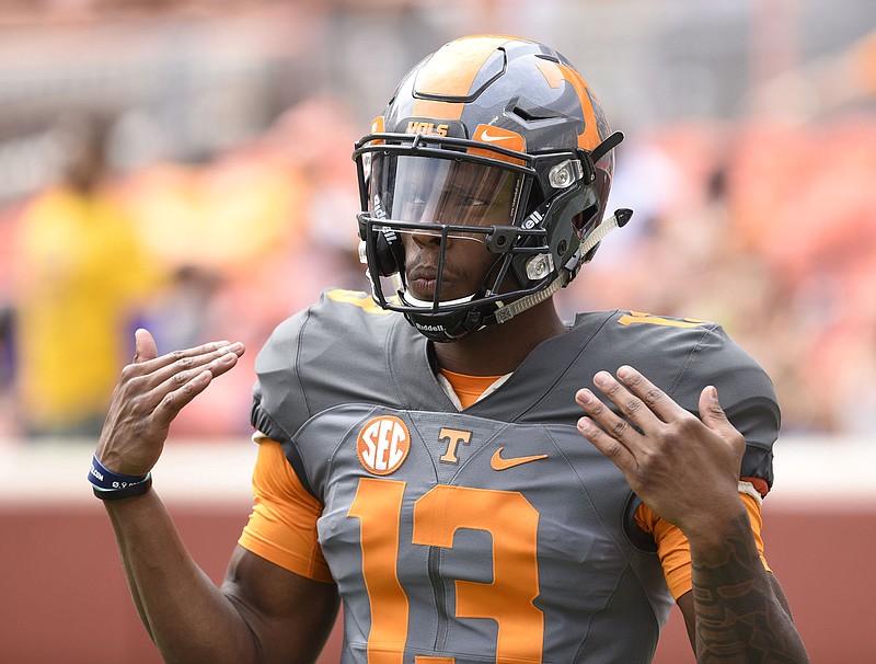 Sheriron Jones (13) warms up. The annual Spring Orange and White Football game was held at Neyland Stadium on April 22, 2017.