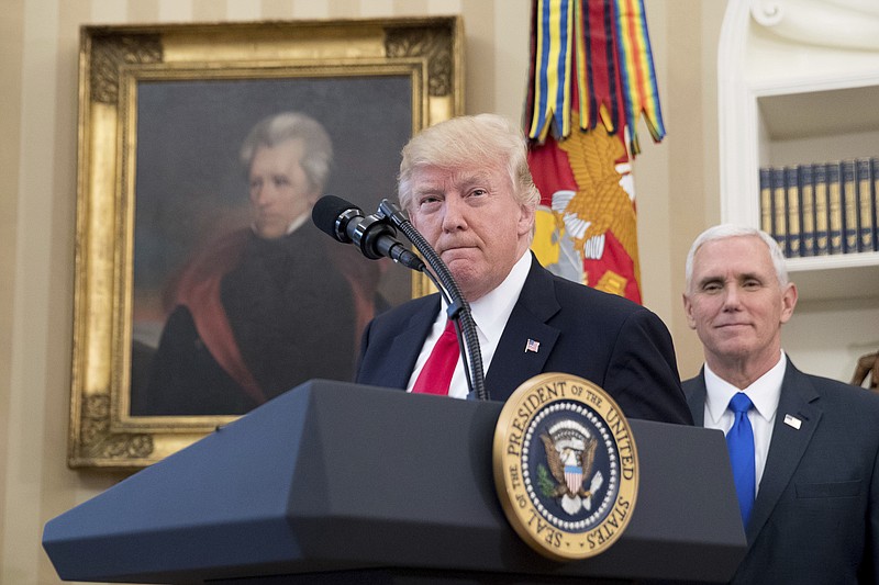 FILE - In this March 31, 2017 file photo, a portrait of former President Andrew Jackson hangs on the wall behind President Donald Trump in the Oval Office. Trump made puzzling claims about Andrew Jackson and the Civil War in an interview recently. (AP Photo/Andrew Harnik, File)