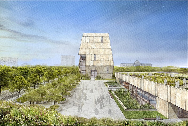 
              This conceptual drawing released Wednesday, May 3, 2017, by the Obama Foundation shows plans for the proposed Obama Presidential Center that will be located in Jackson Park on Chicago's South Side. This view looks from the south with a public plaza that extends into the landscape. The Museum is the tall structure on the site. (Obama Foundation via AP)
            