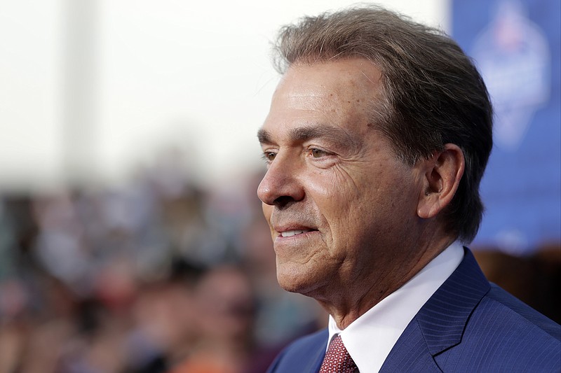 Alabama coach Nick Saban arrives for the first round of the 2017 NFL football draft, Thursday, April 27, 2017, in Philadelphia. (AP Photo/Julio Cortez)