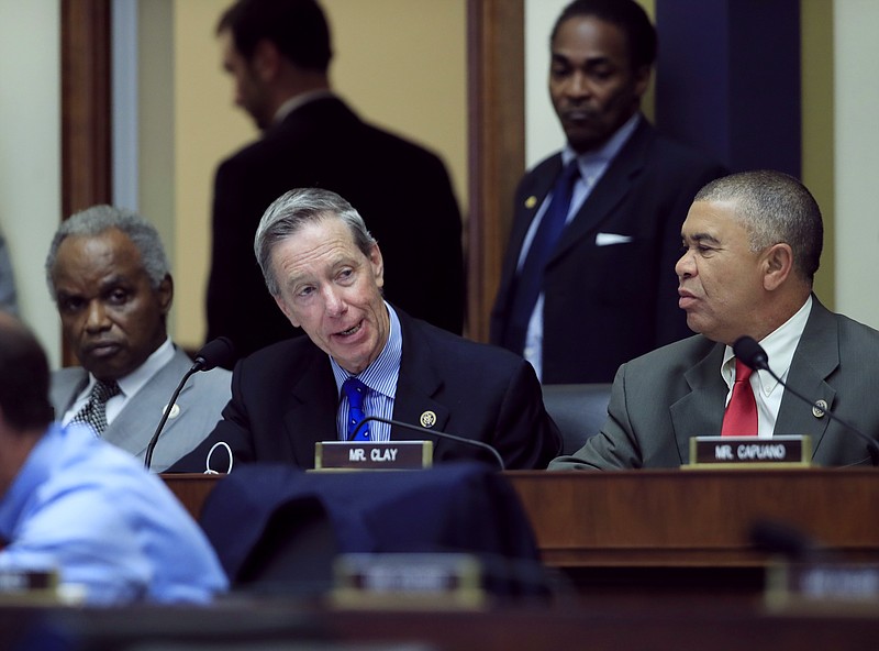 House Financial Services Committee member Rep. Stephen Lynch, D-Mass., center, flanked by Rep. David Scott, D-Ga., left, and Rep. William Lacy Clay, D-Mo., speaks on Capitol Hill in Washington, Tuesday, May 2, 2017, during the committee's hearing on overhauling the nation's financial rules. (AP Photo/Manuel Balce Ceneta)