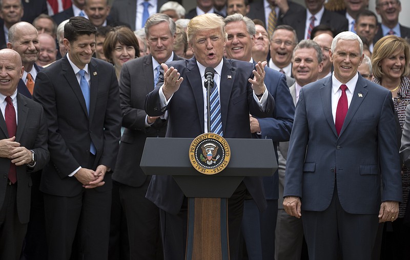 President Donald Trump speaks as House Republicans came to the White House to celebrate passing the American Health Care Act, in Washington, Thursday. The measure, which passed by a vote of 217 to 213, faces uncertainty in the Senate. (Stephen Crowley/The New York Times)