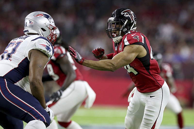 Atlanta Falcons Vic Beasley Jr. #44 in action against the New England Patriots at Super Bowl 51 on Sunday, February 5, 2017 in Houston, TX. (AP Photo/Gregory Payan)